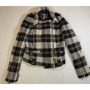 PINK Victoria's Secret Gray And Black Plaid Moto Jacket Wool Blend Sz Small
